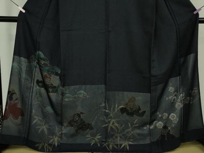 平和屋本店●極上　訪問着　紗袷　手描き　七福神　松竹梅　濃紺地　金彩　逸品　未使用　DZAB7609kh6