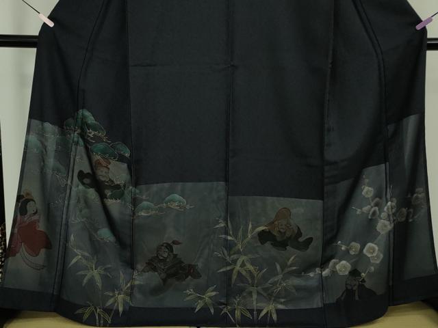 平和屋本店●極上　訪問着　紗袷　手描き　七福神　松竹梅　濃紺地　金彩　逸品　未使用　DZAB7609kh6