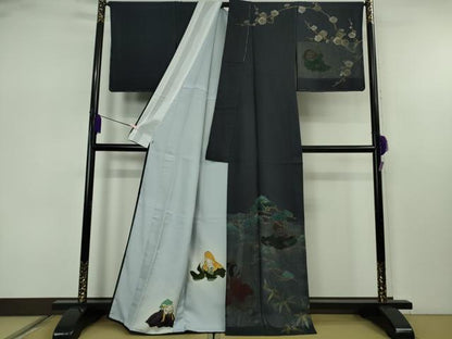 平和屋本店●極上　訪問着　紗袷　手描き　七福神　松竹梅　濃紺地　金彩　逸品　未使用　DZAB7609kh6
