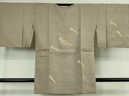 平和屋着物∞極上　本場結城紬地　道行コート　ロング丈　駒刺繍　扇　空五倍子色地　金彩　逸品　DZAB7616kh6