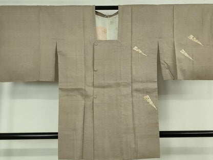 平和屋着物∞極上　本場結城紬地　道行コート　ロング丈　駒刺繍　扇　空五倍子色地　金彩　逸品　DZAB7616kh6