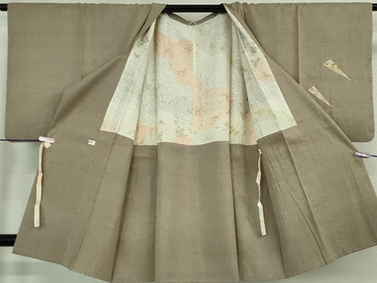 平和屋着物∞極上　本場結城紬地　道行コート　ロング丈　駒刺繍　扇　空五倍子色地　金彩　逸品　DZAB7616kh6