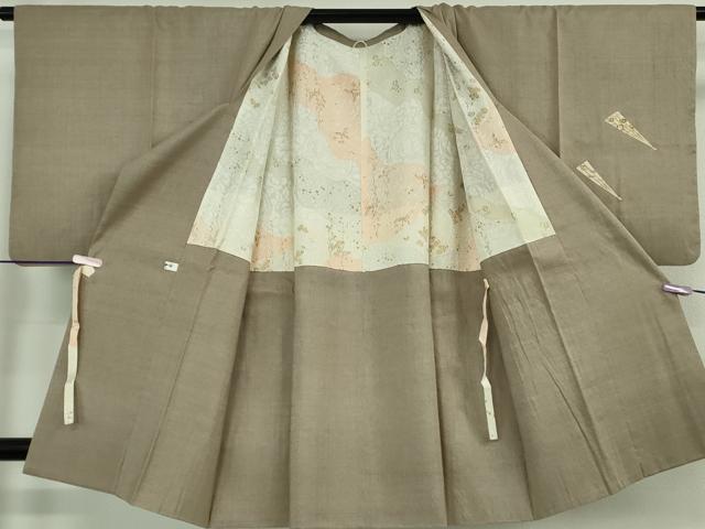 平和屋着物∞極上　本場結城紬地　道行コート　ロング丈　駒刺繍　扇　空五倍子色地　金彩　逸品　DZAB7616kh6