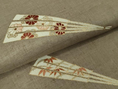 平和屋着物∞極上　本場結城紬地　道行コート　ロング丈　駒刺繍　扇　空五倍子色地　金彩　逸品　DZAB7616kh6
