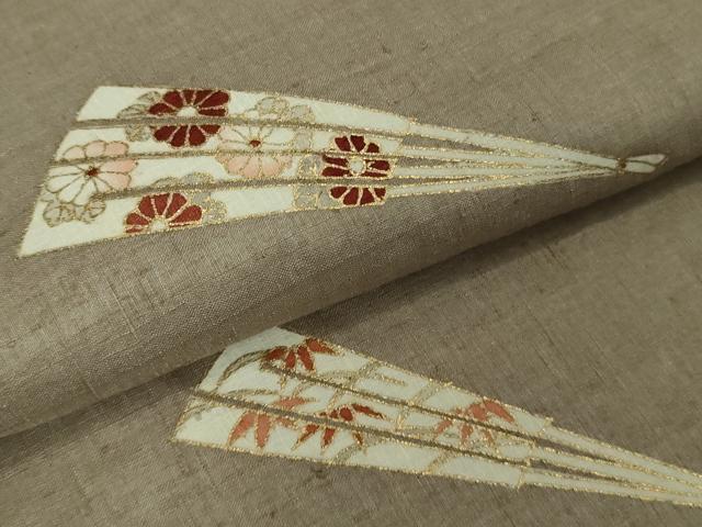 平和屋着物∞極上　本場結城紬地　道行コート　ロング丈　駒刺繍　扇　空五倍子色地　金彩　逸品　DZAB7616kh6