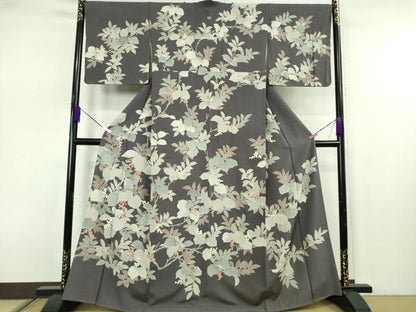 平和屋本店●極上　訪問着　刺繍　南天枝葉文　褐色地　金彩　逸品　DZAB7618kh6