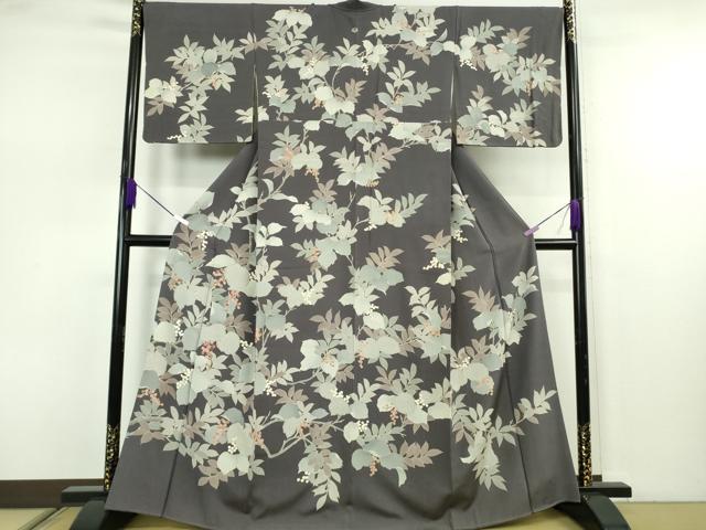 平和屋本店●極上　訪問着　刺繍　南天枝葉文　褐色地　金彩　逸品　DZAB7618kh6
