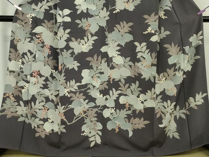 平和屋本店●極上　訪問着　刺繍　南天枝葉文　褐色地　金彩　逸品　DZAB7618kh6