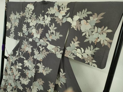 平和屋本店●極上　訪問着　刺繍　南天枝葉文　褐色地　金彩　逸品　DZAB7618kh6
