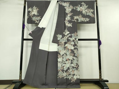 平和屋本店●極上　訪問着　刺繍　南天枝葉文　褐色地　金彩　逸品　DZAB7618kh6