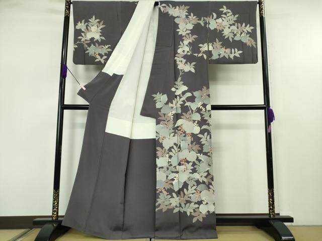 平和屋本店●極上　訪問着　刺繍　南天枝葉文　褐色地　金彩　逸品　DZAB7618kh6