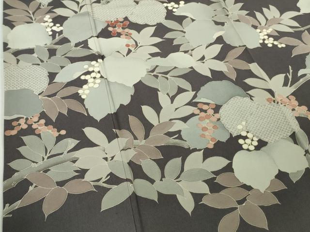 平和屋本店●極上　訪問着　刺繍　南天枝葉文　褐色地　金彩　逸品　DZAB7618kh6