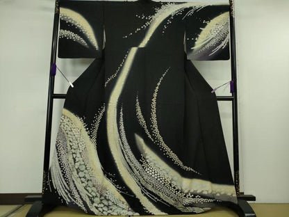 平和屋着物●極上　中国三大刺繍　相良刺繍　訪問着　舞花文　暈し染め　黒地　銀通し地　逸品　DZAB7621kh6