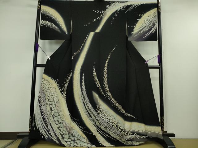 平和屋着物●極上　中国三大刺繍　相良刺繍　訪問着　舞花文　暈し染め　黒地　銀通し地　逸品　DZAB7621kh6