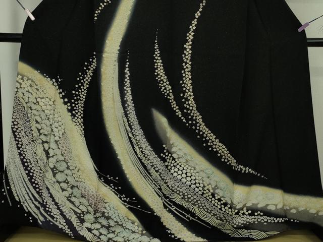 平和屋着物●極上　中国三大刺繍　相良刺繍　訪問着　舞花文　暈し染め　黒地　銀通し地　逸品　DZAB7621kh6