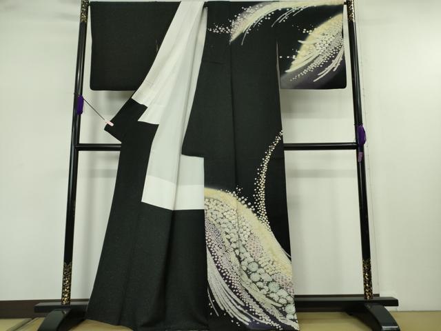 平和屋着物●極上　中国三大刺繍　相良刺繍　訪問着　舞花文　暈し染め　黒地　銀通し地　逸品　DZAB7621kh6