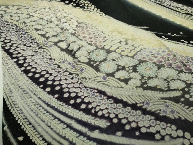 平和屋着物●極上　中国三大刺繍　相良刺繍　訪問着　舞花文　暈し染め　黒地　銀通し地　逸品　DZAB7621kh6