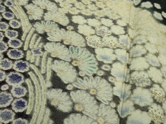 平和屋着物●極上　中国三大刺繍　相良刺繍　訪問着　舞花文　暈し染め　黒地　銀通し地　逸品　DZAB7621kh6