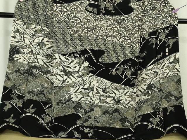 平和屋本店●極上　江戸紅型　五味桂子　訪問着　花鳥風景　白×黒　鬼しぼ縮緬　逸品　DZAB7623kh6