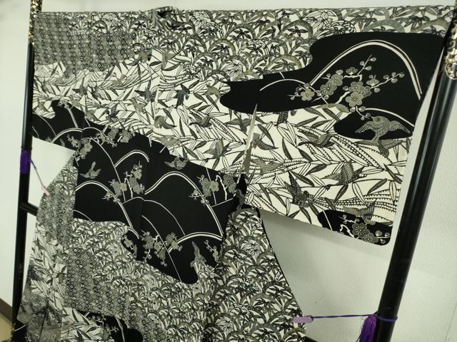 平和屋本店●極上　江戸紅型　五味桂子　訪問着　花鳥風景　白×黒　鬼しぼ縮緬　逸品　DZAB7623kh6