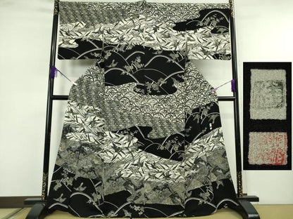 平和屋本店●極上　江戸紅型　五味桂子　訪問着　花鳥風景　白×黒　鬼しぼ縮緬　逸品　DZAB7623kh6