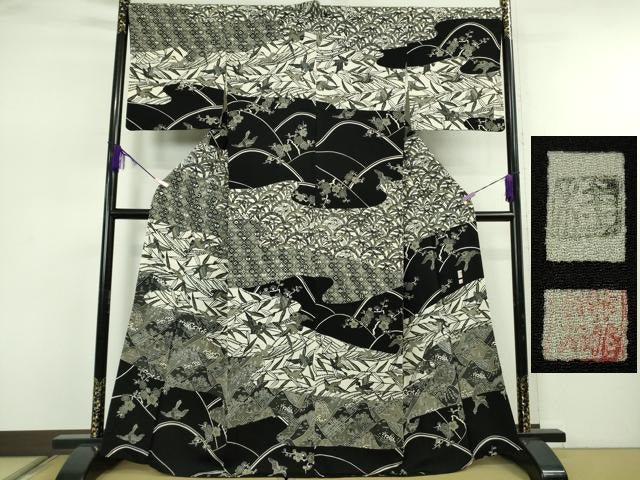 平和屋本店●極上　江戸紅型　五味桂子　訪問着　花鳥風景　白×黒　鬼しぼ縮緬　逸品　DZAB7623kh6