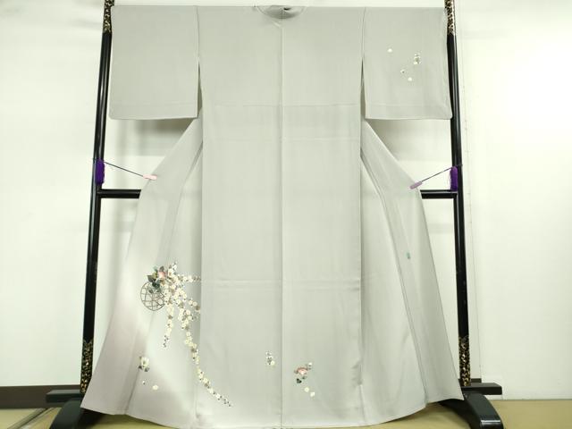 平和屋本店▽極上　本加賀友禅作家　金丸修一　訪問着　単衣　花篭　白鼠色地　暈し染め　逸品　DZAB7641kh6