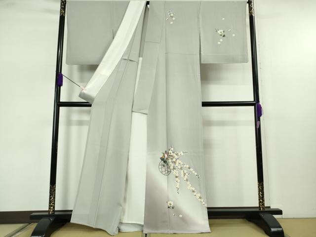 平和屋本店▽極上　本加賀友禅作家　金丸修一　訪問着　単衣　花篭　白鼠色地　暈し染め　逸品　DZAB7641kh6