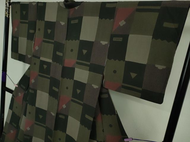 平和屋本店●極上　Maru　Factory　丸山正　小紋　変わり市松　鬼しぼ縮緬　逸品　DZAB7643kh6