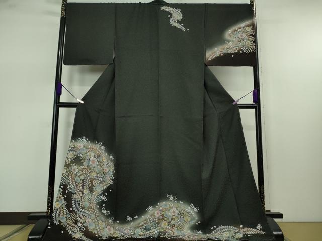 平和屋本店●極上　訪問着　辻が花　暈し染め　黒地　金彩　銀通し地　ロング丈　逸品　未使用　DZAB7644kh6
