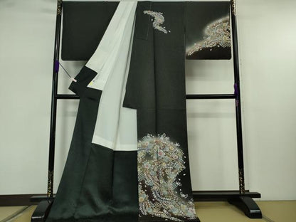 平和屋本店●極上　訪問着　辻が花　暈し染め　黒地　金彩　銀通し地　ロング丈　逸品　未使用　DZAB7644kh6