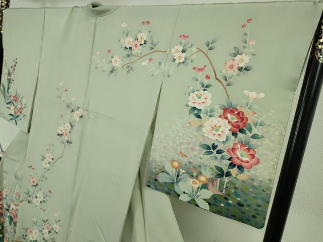 平和屋本店●極上　本加賀友禅作家　三口章　訪問着　枝花文　暈し染め　白緑色地　逸品　DZAB7645kh6