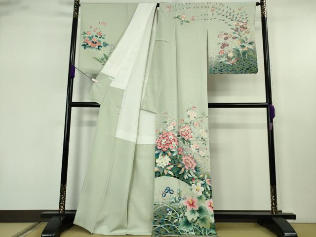 平和屋本店●極上　本加賀友禅作家　三口章　訪問着　枝花文　暈し染め　白緑色地　逸品　DZAB7645kh6