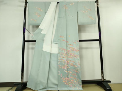平和屋本店●極上　本加賀友禅作家　松島仁司　訪問着　枝花文　青磁鼠色地　暈し染め　逸品　DZAB7648kh6