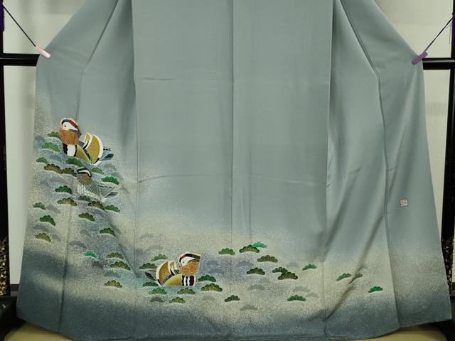 平和屋着物●極上　人間国宝・羽田登喜男　色留袖　鴛鴦　暈し染め　灰青色地　金銀彩　逸品　DZAB7651kh6