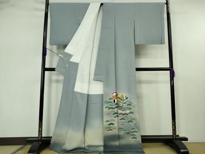 平和屋着物●極上　人間国宝・羽田登喜男　色留袖　鴛鴦　暈し染め　灰青色地　金銀彩　逸品　DZAB7651kh6