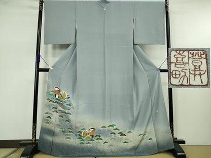 平和屋着物●極上　人間国宝・羽田登喜男　色留袖　鴛鴦　暈し染め　灰青色地　金銀彩　逸品　DZAB7651kh6