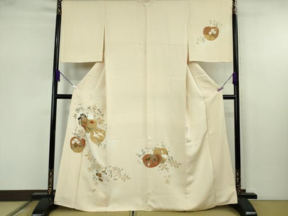 平和屋本店●極上　訪問着　駒刺繍　白鷺　光琳花文　浅黄色地　金彩　逸品　DZAB7653kh6