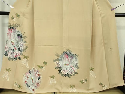 平和屋本店●極上　訪問着　手描き　作家物　花丸鳥文　枯色地　銀彩　逸品　DZAB7654kh6