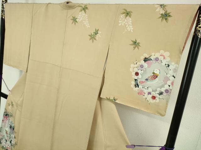 平和屋本店●極上　訪問着　手描き　作家物　花丸鳥文　枯色地　銀彩　逸品　DZAB7654kh6