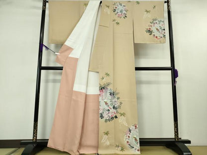 平和屋本店●極上　訪問着　手描き　作家物　花丸鳥文　枯色地　銀彩　逸品　DZAB7654kh6