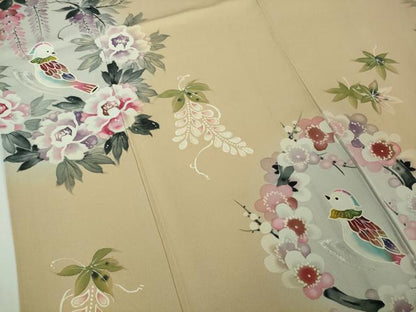 平和屋本店●極上　訪問着　手描き　作家物　花丸鳥文　枯色地　銀彩　逸品　DZAB7654kh6