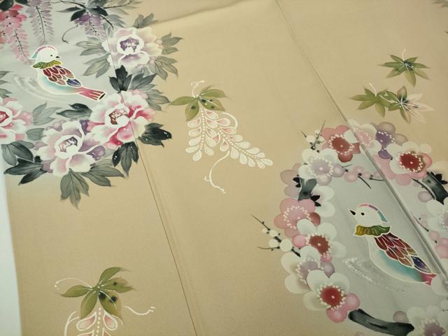 平和屋本店●極上　訪問着　手描き　作家物　花丸鳥文　枯色地　銀彩　逸品　DZAB7654kh6
