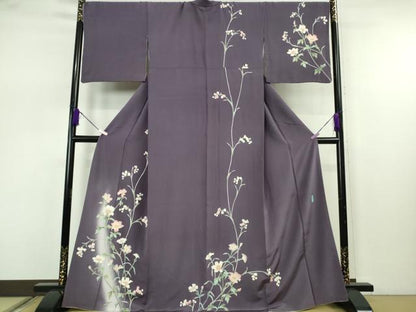 平和屋本店●極上　本加賀友禅作家　柚野久美子　訪問着　枝花文　深紫色地　暈し染め　逸品　DZAB7655kh6
