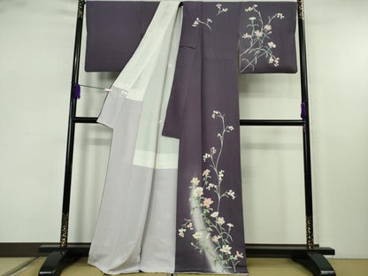 平和屋本店●極上　本加賀友禅作家　柚野久美子　訪問着　枝花文　深紫色地　暈し染め　逸品　DZAB7655kh6