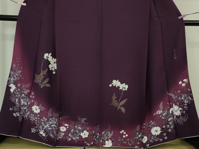 平和屋本店●極上　螺鈿作家　甲斐泰造　訪問着　胡蝶蘭　草花文　葡萄色地　金彩　逸品　DZAB7656kh6