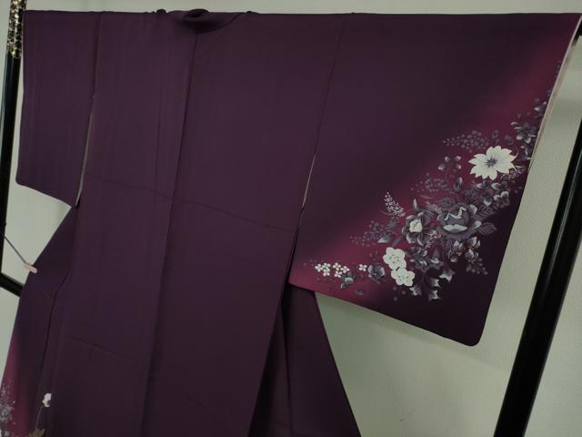 平和屋本店●極上　螺鈿作家　甲斐泰造　訪問着　胡蝶蘭　草花文　葡萄色地　金彩　逸品　DZAB7656kh6