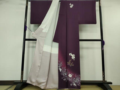 平和屋本店●極上　螺鈿作家　甲斐泰造　訪問着　胡蝶蘭　草花文　葡萄色地　金彩　逸品　DZAB7656kh6