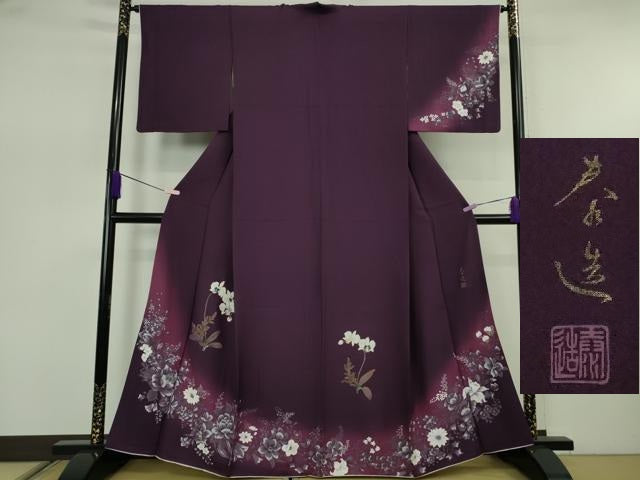 平和屋本店●極上　螺鈿作家　甲斐泰造　訪問着　胡蝶蘭　草花文　葡萄色地　金彩　逸品　DZAB7656kh6