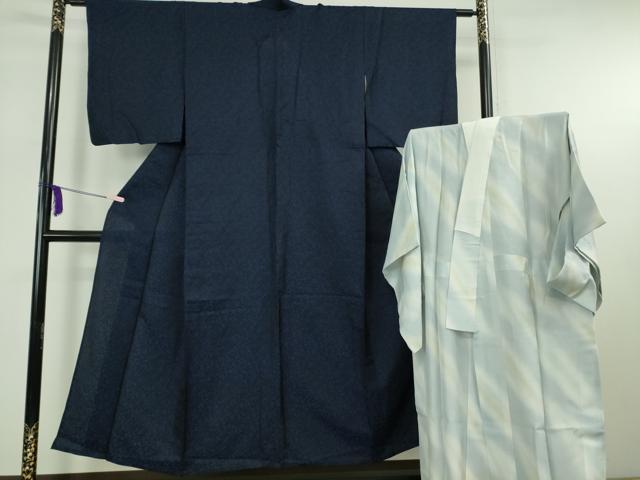 平和屋着物▽極上　BANKANわものや　お召・長襦袢(無双仕立て)セット　単衣　花唐草地紋　鉄紺色　逸品　DZAB7665kh6